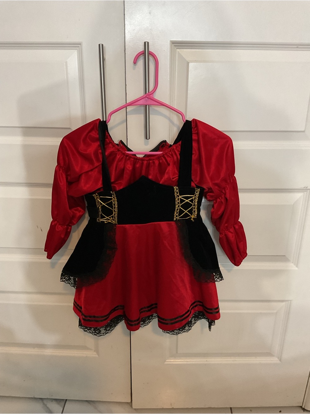 Girls' Red and Black Pirate Costume Dress with Gold Lace Accents XS/S
